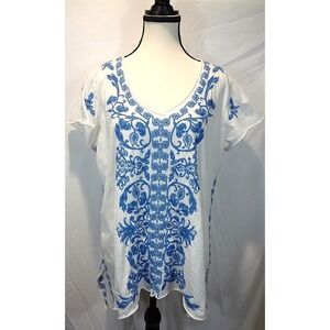 Johnny Was Embroidered Lei Lei Tunic Top Bohemian Resort White Blue Summer sz Lg